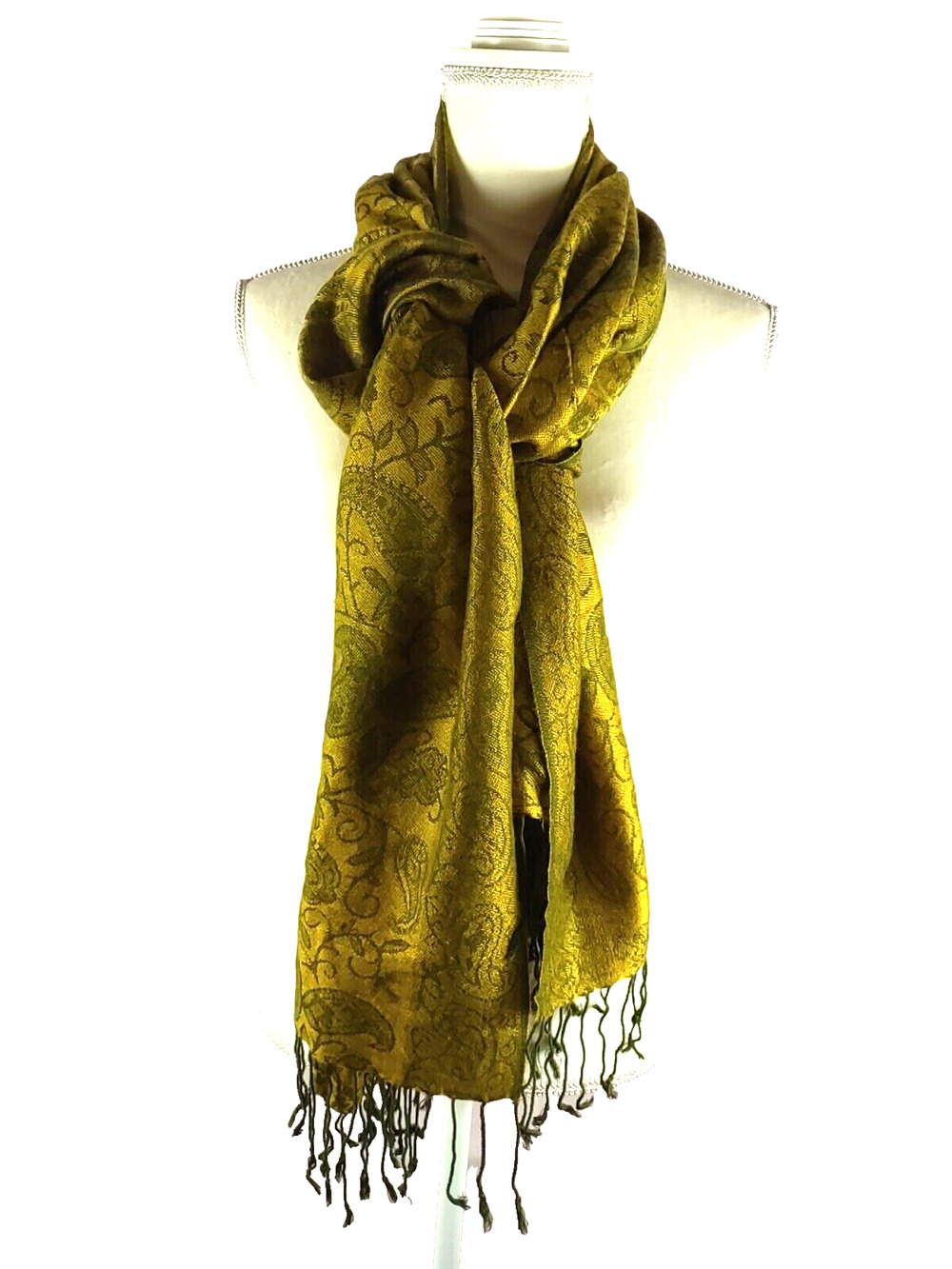 Women's Scarf Gold Green Paisley Print Fringe Rectangle 27" X 70" Feminine...